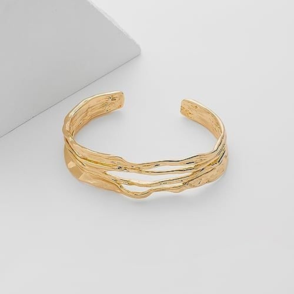 Gold Textured Multi Strand Cuff Bracelet Molten Liquid Metal Statement Bangle